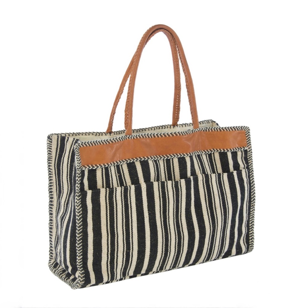 Striped Black and White Boho Tote Bag with Tan Handles